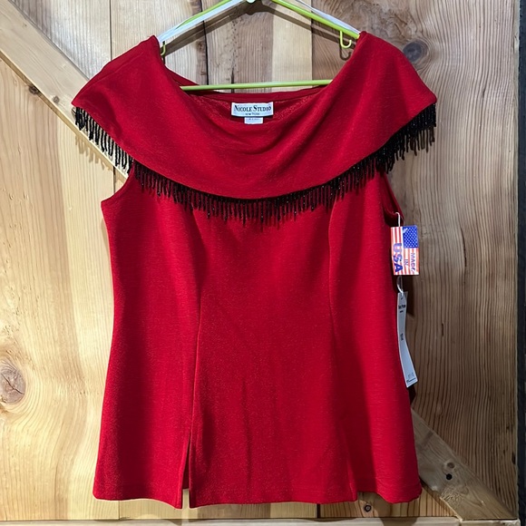 NWT Nicole Studio New York size 12 blouse red with black beaded fringe - Picture 1 of 6